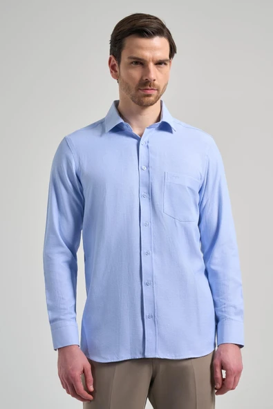 Mavi Sert Yaka Düz Classic Pamuklu Comfort Fit Gömlek 1004250213 ürün görseli 1