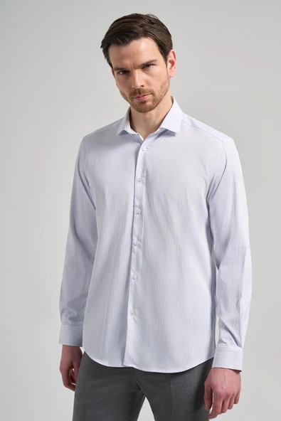 Beyaz Kol Çizgili Desen Bez Ayağı İtalyan Yaka Cepsiz Esnek Classic Slim Fit Gömlek 1004250201 ürün görseli 1