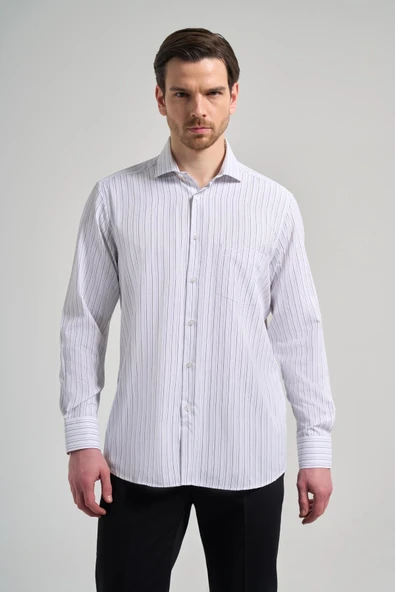 Beyaz Kol Çizgili Desen Bez Ayağı İtalyan Yaka cepli Pamuklu Classic Comfort Fit Gömlek 1004250182 ürün görseli 1