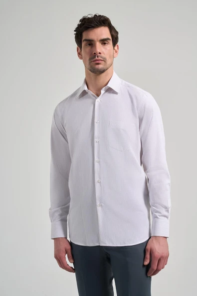 Bej Kol Çizgili Desen Bez Ayağı Sert Yaka cepli Pamuklu Classic Comfort Fit Gömlek 1004250172 ürün görseli 1