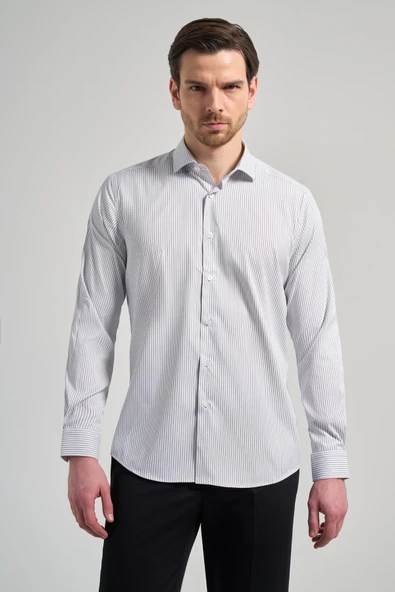 Beyaz Kol Çizgili Desen Bez Ayağı İtalyan Yaka Cepsiz Esnek Classic Slim Fit Gömlek 1004250201 ürün görseli 1