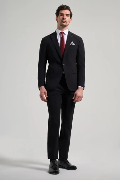 Siyah Mono Yaka Beli Lastikli 6 Drop Slim Fit Tam Astar Esnek Takım Elbise 1001250155 ürün görseli 1