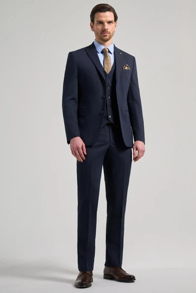 Lacivert Kırlangıç Yaka Yelekli 6 Drop Slim Fit Tam Astar Esnek Takım Elbise 1001250156 ürün görseli 1