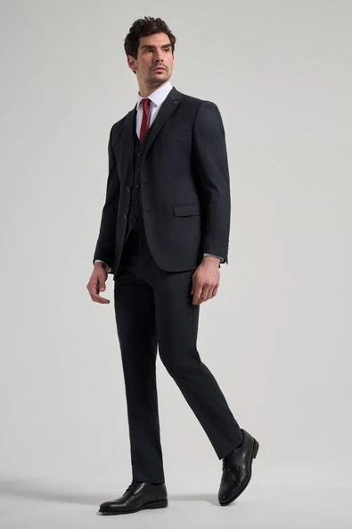 Lacivert Kırlangıç Yaka Çizgili Yelekli 6 Drop Slim Fit Tam Astar Esnek Takım Elbise 1001250158 ürün görseli 1