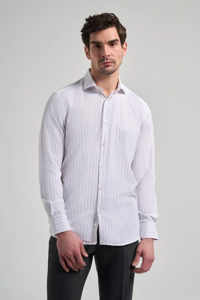 Beyaz Kol Çizgili Desen Bez Ayağı İtalyan Yaka cepli Pamuklu Classic Comfort Fit Gömlek 1004250182 ürün görseli 1