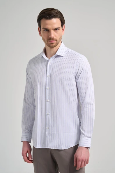 Beyaz Kol Çizgili Desen Bez Ayağı İtalyan Yaka Cepsiz Pamuklu Classic Slim Fit Gömlek 1004250181 ürün görseli 1