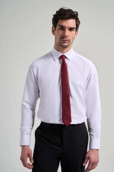Beyaz Kol Desenli Armürlü Sert Yaka cepli Pamuklu Classic Comfort Fit Gömlek 1004250171 ürün görseli 1