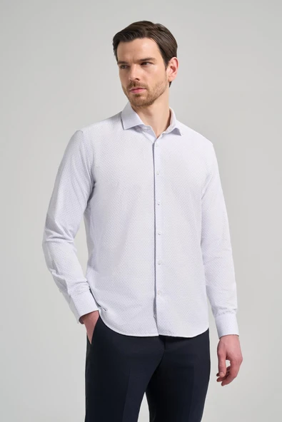 Mavi Uzun Kol Desenli Armürlü İtalyan Yaka Cepsiz Pamuklu Classic Slim Fit Gömlek 1004250196 ürün görseli 1