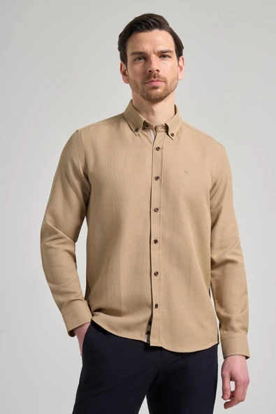 Bej Kol Desenli Armürlü Düğmeli Yaka Cepsiz Pamuklu Casual Slim Fit Gömlek 1004250206 ürün görseli 1