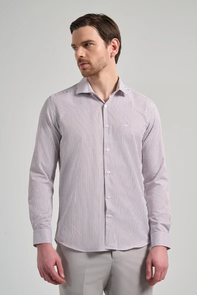 Beyaz Kol Çizgili Desen Bez Ayağı İtalyan Yaka Cepsiz Pamuklu Classic Slim Fit Gömlek 1004250180 ürün görseli 1