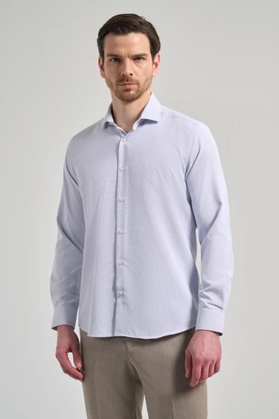 Mavi Kol Desenli Armürlü İtalyan Yaka Cepsiz Pamuklu Classic Slim Fit Gömlek 1004250161 ürün görseli 1