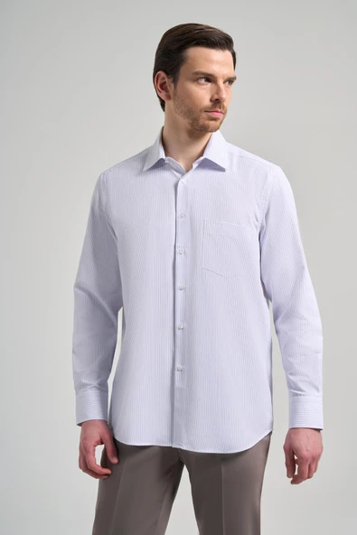 Mavi Kol Çizgili Desen Bez Ayağı Sert Yaka cepli Pamuklu Classic Comfort Fit Gömlek 1004250172 ürün görseli 1