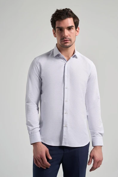 Lacivert Uzun Kol Desenli Armürlü İtalyan Yaka Cepsiz Pamuklu Classic Slim Fit Gömlek 1004250196 ürün görseli 1