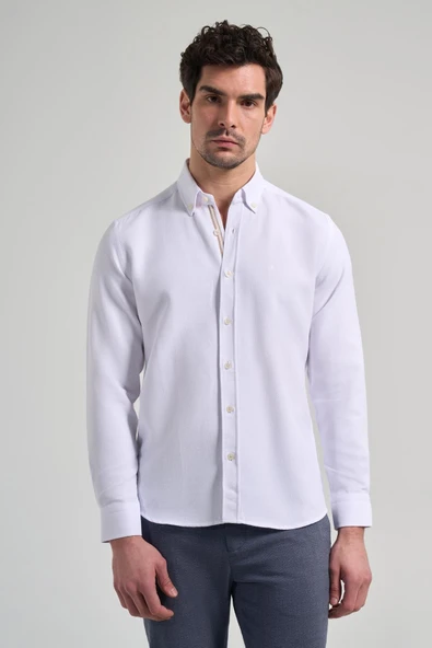 Beyaz Kol Desenli Armürlü Düğmeli Yaka Cepsiz Pamuklu Casual Slim Fit Gömlek 1004250206 ürün görseli 1
