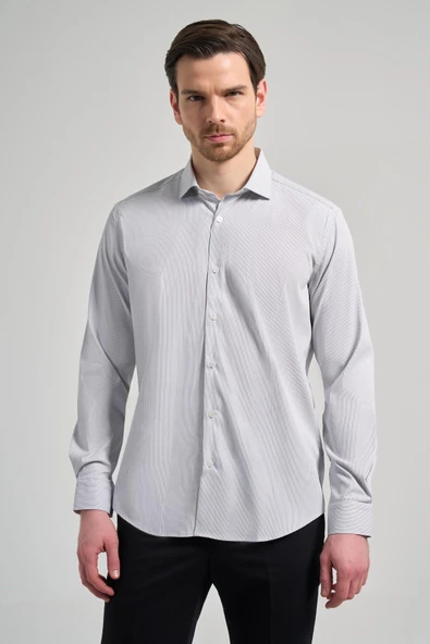 Beyaz Kol Çizgili Desen Bez Ayağı Sert Yaka Cepsiz Esnek Classic Slim Fit Gömlek 1004250158 ürün görseli 1