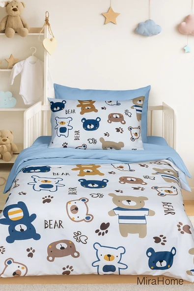 Dijital Baskılı 3d Pamuklu Yenidoğan Bebek Nevresim Takımı Bear Toy Blue ürün görseli 1