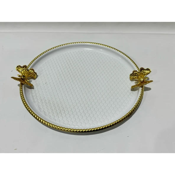 LAVİN TEPSİ METAL DÖVMELİ YUVARLAK KELEBEK BEYAZ LVN 43083 3083 ürün görseli 1