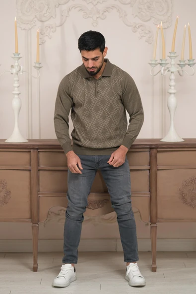 Woolen World Polo Yaka Desenli Yünlü Erkek Triko Kazak ürün görseli 1
