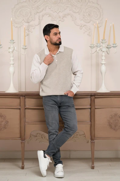 Woolen World Polo Yaka Armürlü Yünlü Erkek Triko Kazak ürün görseli 1