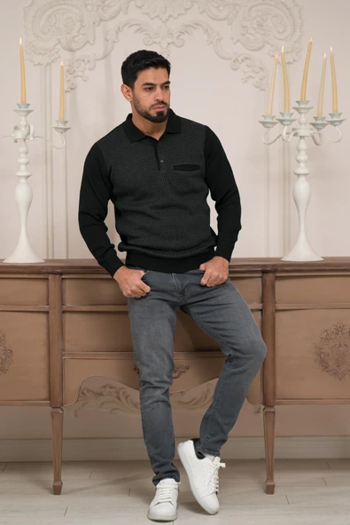 Woolen World Polo Yaka Cepli Armürlü Yünlü Erkek Triko Kazak ürün görseli 1