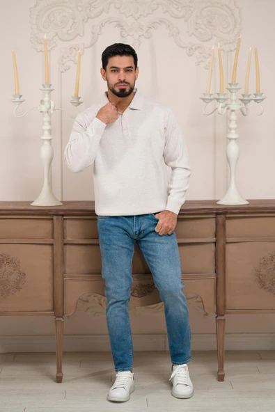 Woolen World Polo Yaka Düz Renk Yünlü Erkek Triko Kazak ürün görseli 1