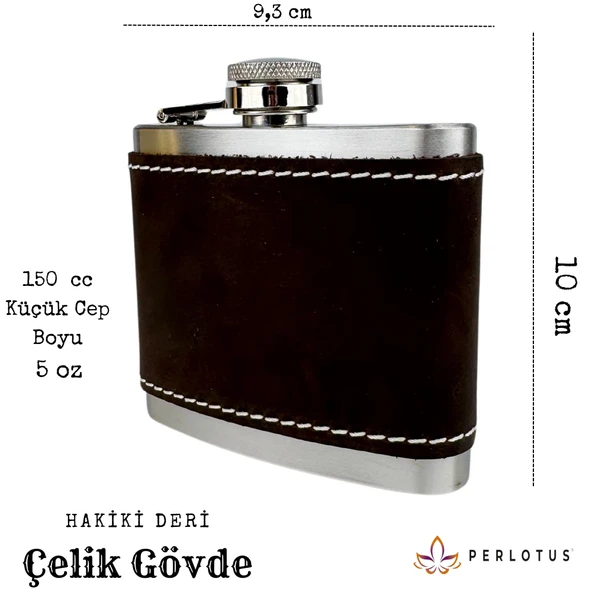 Perlotus 5 Oz 150 cc Koyu Kahverengi  El Yapımı Crazy Deri Kılıflı Çelik Viski Cep Matarası ürün görseli 1