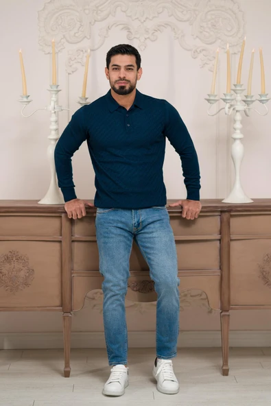 Woolen World Polo Yaka Slimfit Desenli Yünlü Erkek Triko Kazak ürün görseli 1