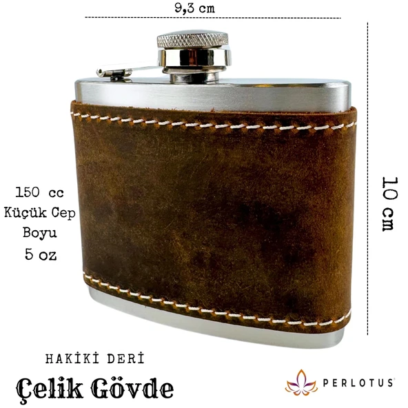 Perlotus 5 Oz 150 cc Fındık Kahverengi Crazy Deri Kılıflı El Yapımı Çelik Viski Cep Matarası ürün görseli 1