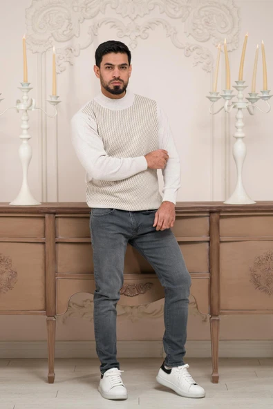 Woolen World Balıkçı Yaka Desenli Yünlü Erkek Triko Kazak ürün görseli 1