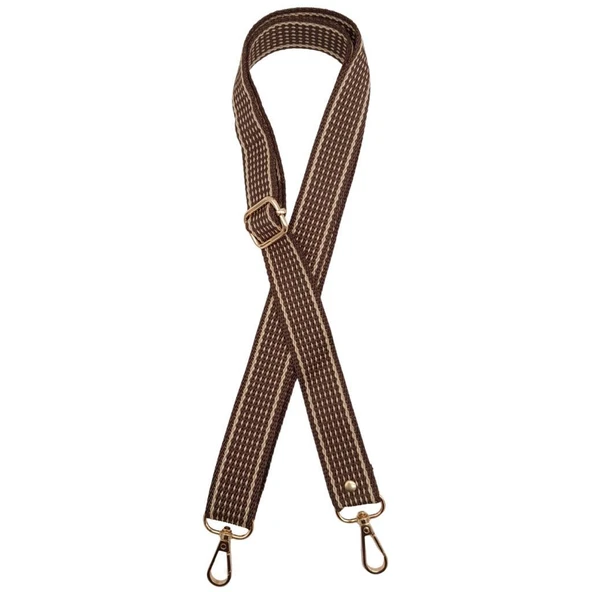 Çanta Aksesuar 120x3 cm Polyester Kolon Çanta Sapı Açık Kahve Renk Bej Şeritli Light Gold Metalli ürün görseli 1