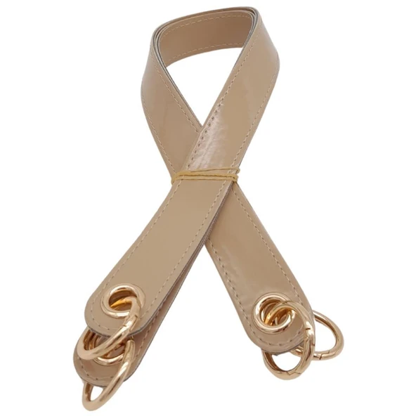 Çanta Aksesuar Parlak Rugan Deri Kuş Gözlü Çift Çanta Sapı Bej Renk Light Gold Metalli ürün görseli 1