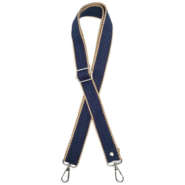 Çanta Aksesuar 120x3 cm Polyester Kolon Çanta Sapı Lacivert Renk Bej Şeritli Gümüş Metalli ürün görseli 1