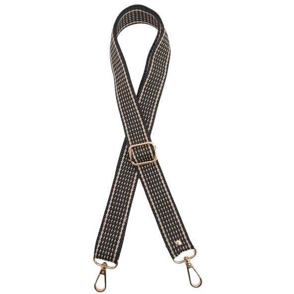 Çanta Aksesuar 120x3 cm Polyester Kolon Çanta Sapı Koyu Kahve Renk Bej Şeritli Light Gold Metalli ürün görseli 1