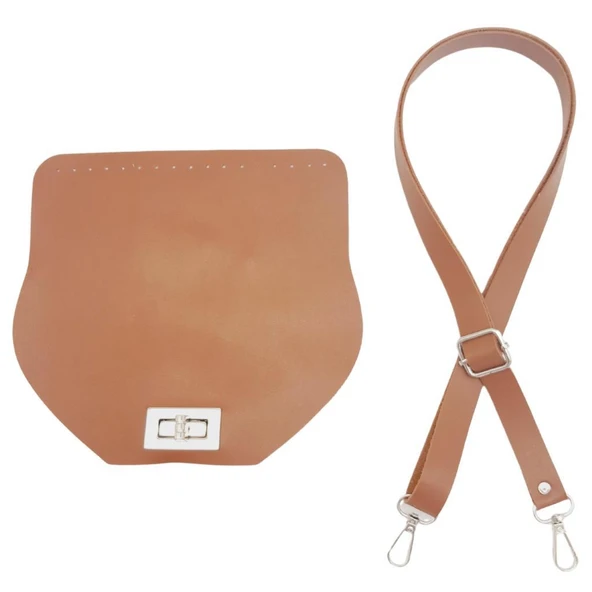 Çanta Aksesuar Suni Deri 21x19 cm Kapaklı ve Ayarlı Saplı Çanta Seti Taba Renk Gümüş Metalli ürün görseli 1