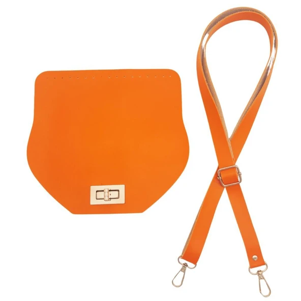 Çanta Aksesuar Suni Deri 21x19 cm Kapaklı ve Ayarlı Saplı Çanta Seti Turuncu Renk Gümüş Metalli ürün görseli 1