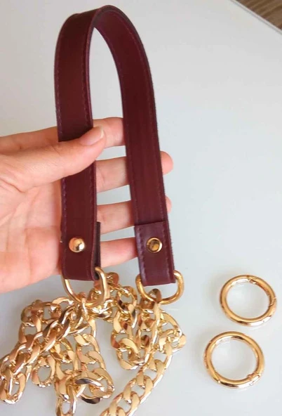 Çanta Aksesuar Suni Deri Dikişli Light Gold Zincirli Bordo Renk Çanta Sapı ürün görseli 1