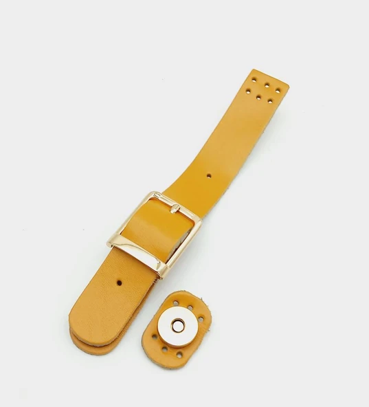 Çanta Aksesuar 18x2,3 cm Hardal Gerçek Deri Tokalı Çanta Kapağı Light Gold Metalli ürün görseli 1
