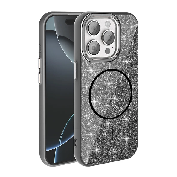Apple iPhone 15 Pro Max Kılıf M-safe Şarj Özellikli Parlayan Simli Zore Okso Kapak ürün görseli 1