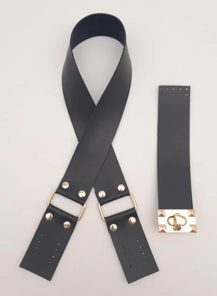 Çanta Aksesuar 70x4 cm Suni Deri Çanta Saplı Kapaklı Siyah Çanta Seti Light Gold Metalli ürün görseli 1