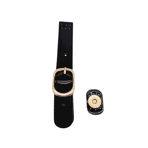 Çanta Aksesuar Rugan Deri 18 cm Tokalı Çanta Kapağı Siyah Renk Light Gold Metalli ürün görseli 1