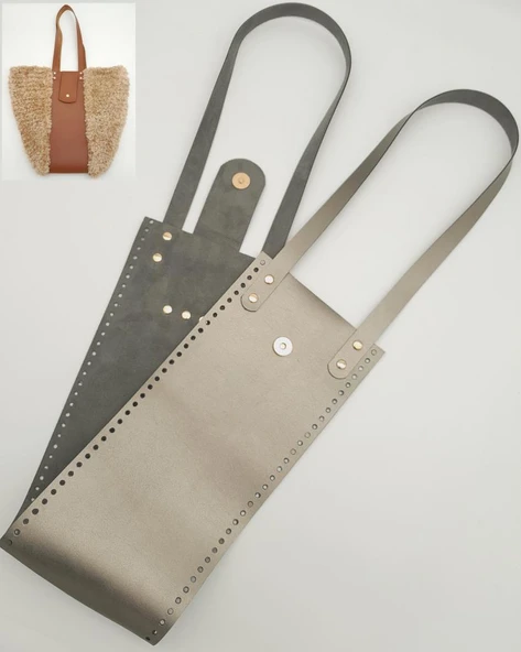 Çanta Aksesuar Suni Deri Kova Model Parlak Gri Renk Çanta Deri Seti Light Gold Metal ürün görseli 1