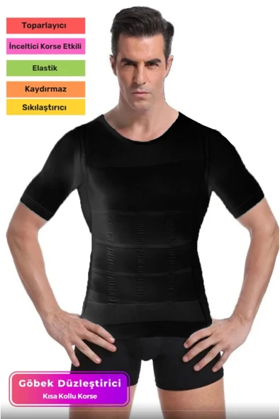 Premium Bel Göğüs Dik Duruş Jinekomasti Toparlayıcı Erkek Göbek Sıkılaştırıcı Kısa Kol Korse Atlet ürün görseli 1