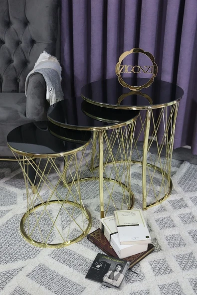 Zigonzi Hasır Model Zigon Sehpa Gold Ayak  Siyah Cam - Resim 2