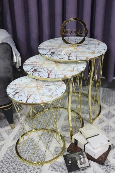 Zigonzi Hasır Model Zigon Sehpa Gold Ayak  Çok Desen  Cam ürün görseli 1