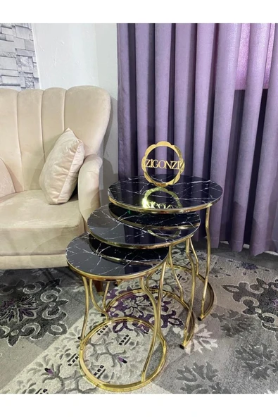 Zigonzi Rüya Model Zigon Sehpa Gold Ayak  Siyah Beyaz Mermer Desenli Cam ürün görseli 1