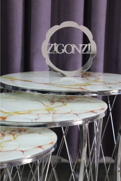 Zigonzi Hasır Model Zigon Sehpa Krom Ayak  Beyaz Sarı Mermer Desen Mermer  Cam ürün görseli 1