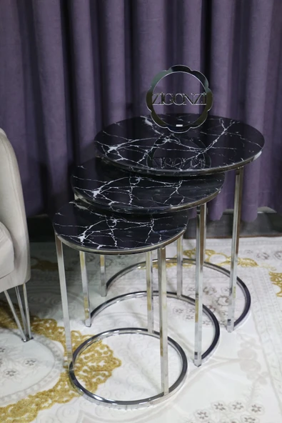 Zigonzi Siyah Mermer Desen Gümüş Metal Üçlü ürün görseli 1