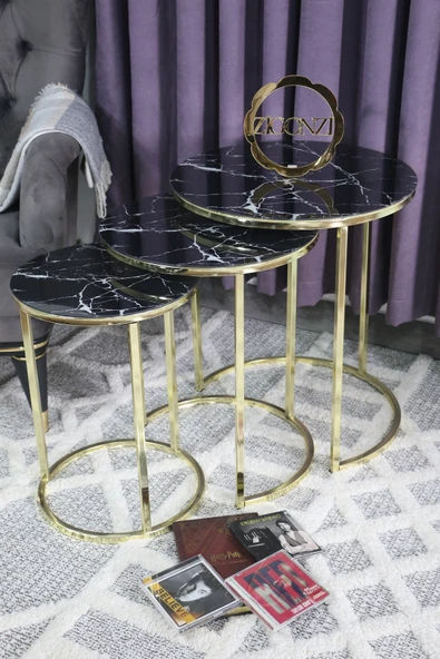 Zigonzi Siyah Mermer Desen Gold Metal Üçlü Zigon Sehpa ürün görseli 1