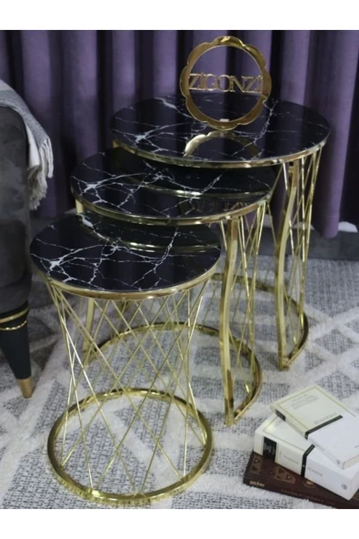 Zigonzi Üçlü Zigon Temperli Cam Siyah Beyaz Mermer Desenli Hasır Sehpa 1842hasırgold ürün görseli 1