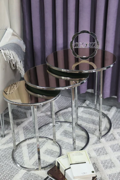Zigonzi Gümüş Metal, Bronz Aynalı Üçlü Zigon Sehpa ürün görseli 1